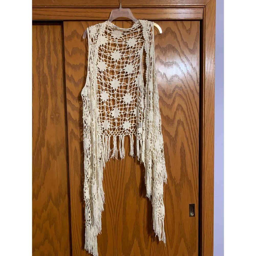FEver Boho Crochet Fringe Open Sleeveless Cardigan Vest